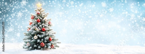 Snowy Christmas Tree with Red Ornaments - Winter Holiday Landscape