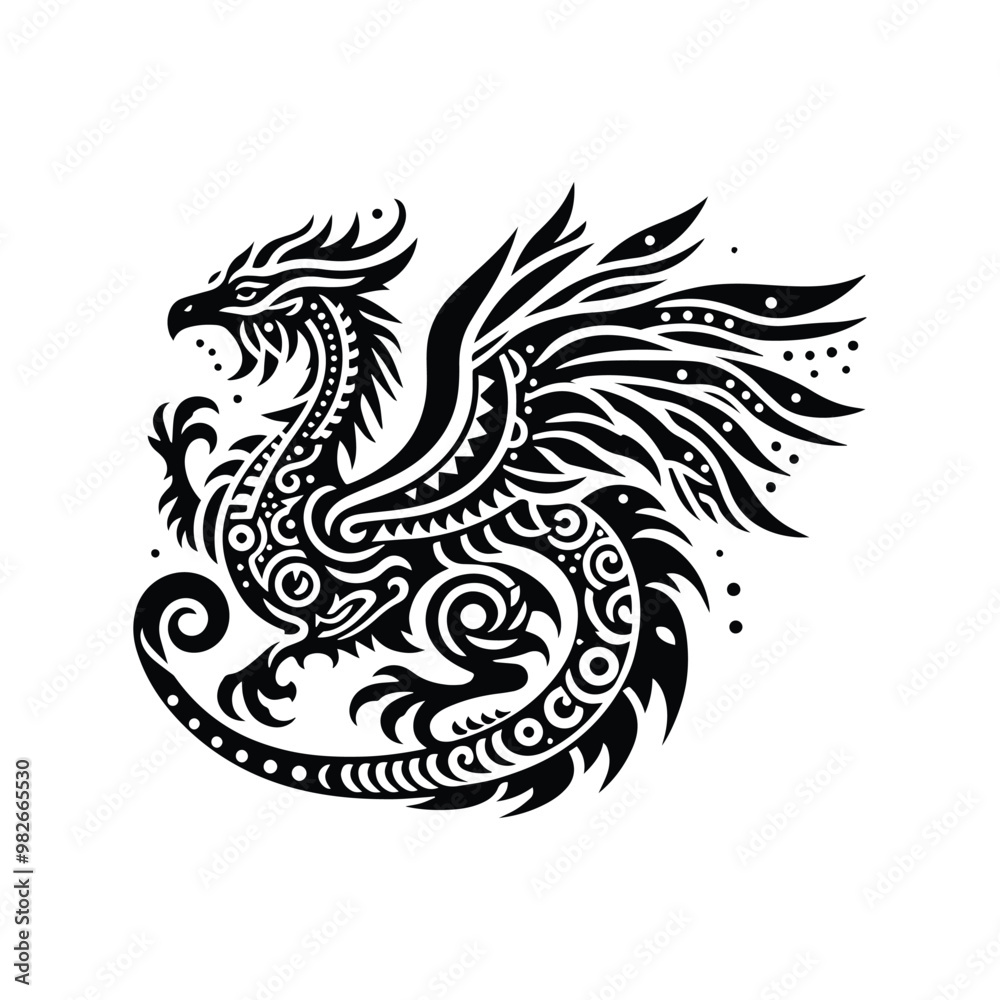 wyvern dragon with bohemian decoration decoration in black and white illustrations, cutout graphic wyvern dragon with bohemian decoration decoration in black and white illustrations, cutout graphic