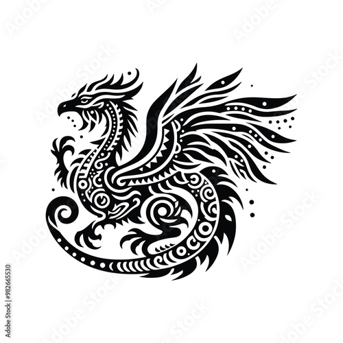 wyvern dragon with bohemian decoration decoration in black and white illustrations, cutout graphic