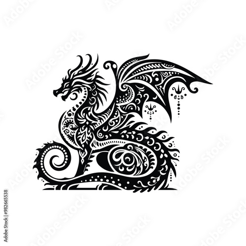 wyvern dragon with bohemian decoration decoration in black and white illustrations, cutout graphic