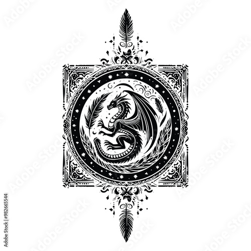 wyvern dragon with bohemian decoration in black and white illustrations, cutout graphic