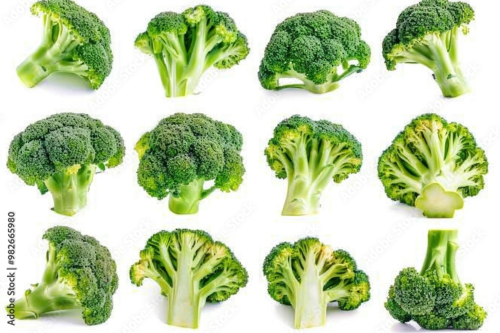 A bunch of fresh broccoli on a white background