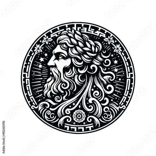 Zeus greek god with bohemian decoration decoration in black and white illustrations, cutout graphic