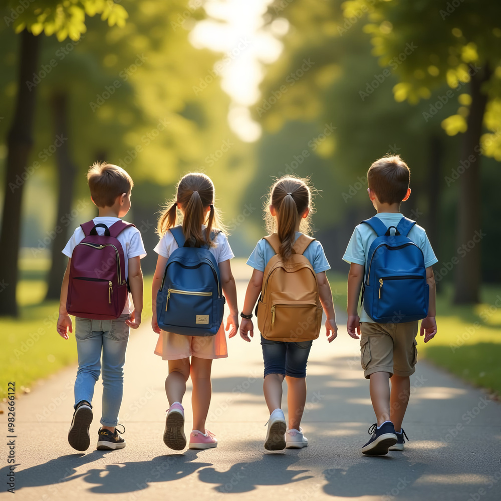 Obraz premium A group of children with backpacks goes to school sunny weather Concept of back to school. Ai generation
