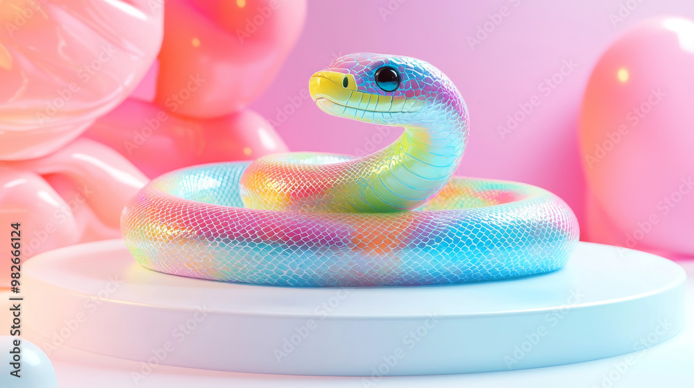 Fototapeta premium Rainbow snake on a pastel background.