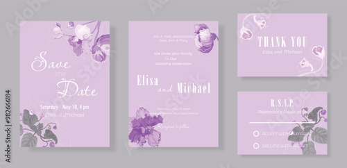 Floral template in a set of four sheets for the wedding celebration party. Delicate hand-drawn African violets and their contour on plain backgrounds. Elegant cards for any celebration party.