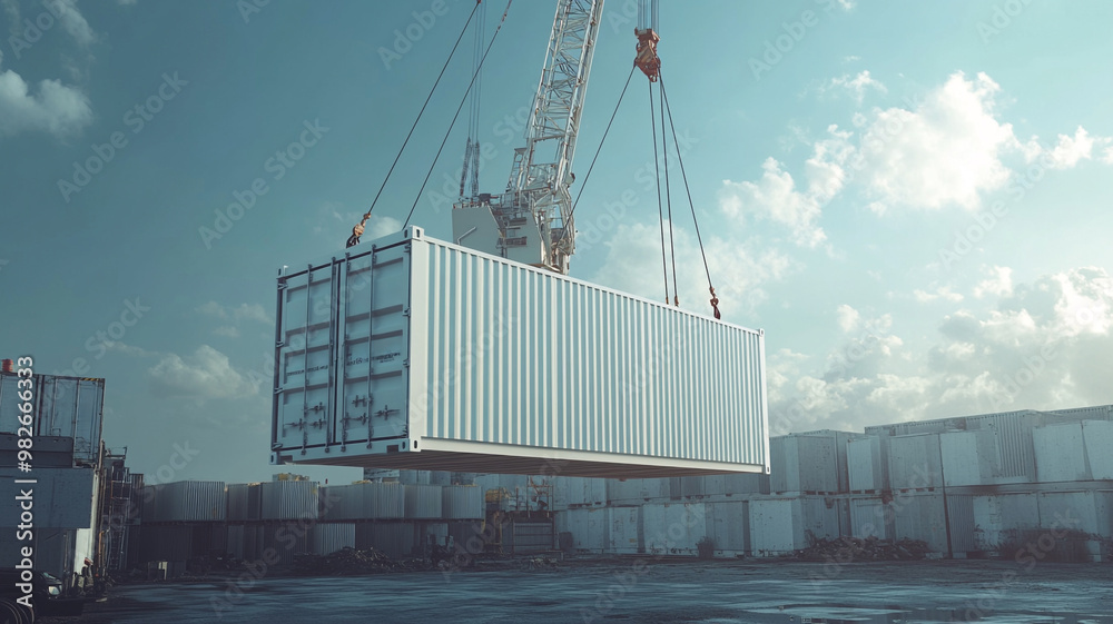 A white shipping container lifted by a crane from the ground A white shipping container lifted by a crane from the ground