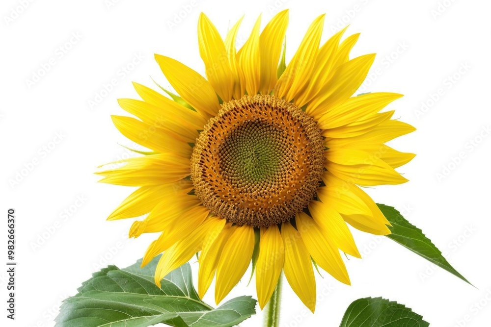 Fototapeta premium A bright yellow sunflower with green leaves growing on a pure white background, perfect for designs and illustrations