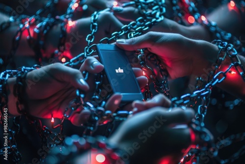 People standing together holding cell phones in handcuffs, representing the power of technology and social media photo