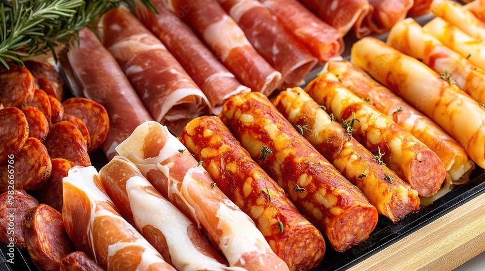 Assorted cured Spanish meats like chorizo, Prosciutto and chorizo rolls filled with gouda and Iberico cheese. Assorted cured Spanish meats like chorizo, Prosciutto and chorizo rolls filled with gouda and Iberico cheese.