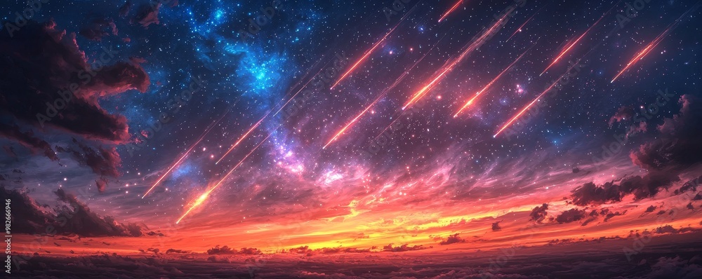 Fototapeta premium Cosmic Glowtime - Glowing Comet Trails Streaking Across a Twilight Sky in High Detail.