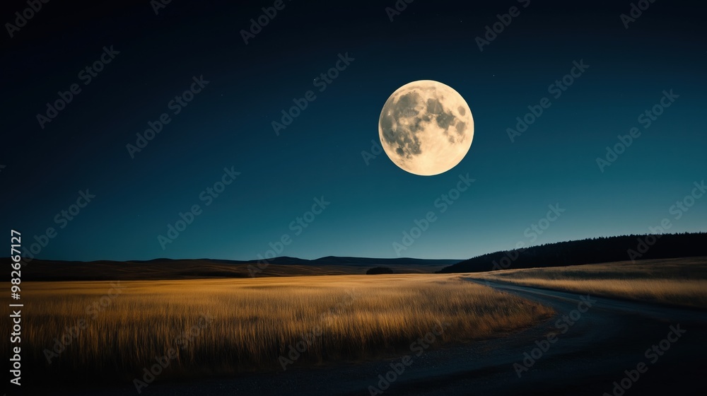 Night landscape featuring a full moon illuminating a vast field with a winding dirt road. The scene is serene with clear skies and rolling hills in the distance.