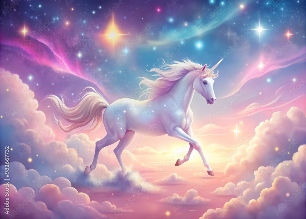 Mythical pastel unicorn racing through a velvety pink heavenscape dotted with shimmering stars and featuring a delicate, shimmering holographic effect that imbues 