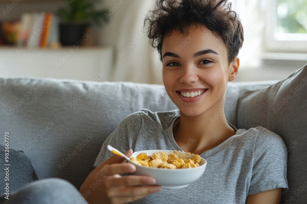 Positive young female with short hair wearing gray t shirt smiling while eating healthy snack on comfortable sofa at home , ai Positive young female with short hair wearing gray t shirt smiling while eating healthy snack on comfortable sofa at home , ai