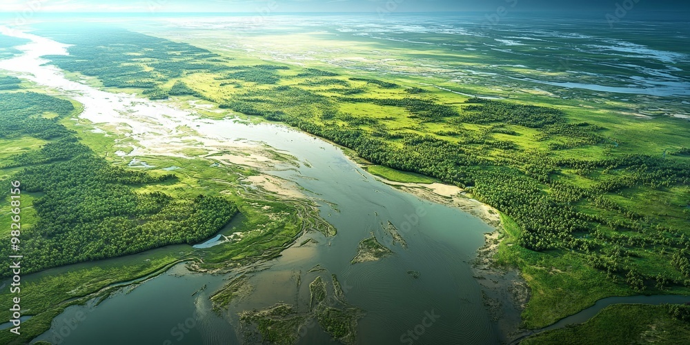 River meanders through lush green forest. River meanders through lush green forest.