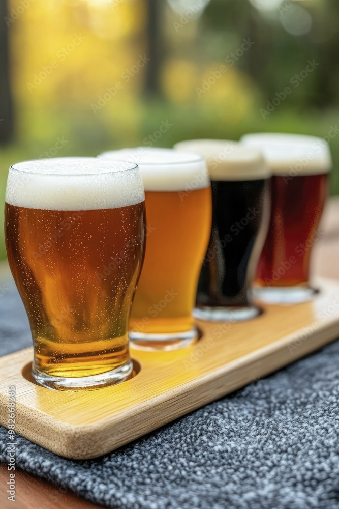 Artfully Arranged Flight of Craft Beers in Tasting Glasses on a Rustic Wooden Table Showcasing Varied Colors and Textures for a Unique Brewing Experience Artfully Arranged Flight of Craft Beers in Tasting Glasses on a Rustic Wooden Table Showcasing Varied Colors and Textures for a Unique Brewing Experience