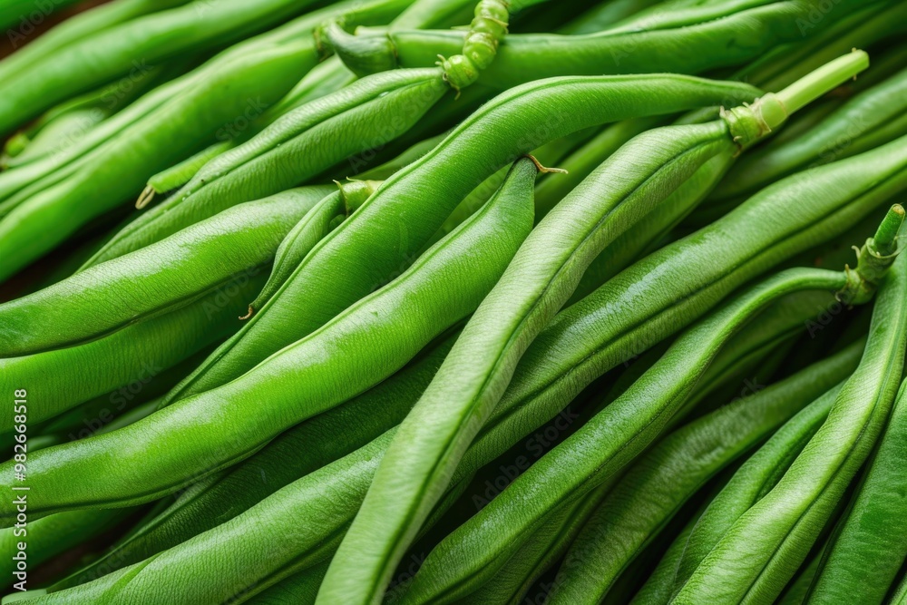 Fresh green beans arranged on a table surface Fresh green beans arranged on a table surface