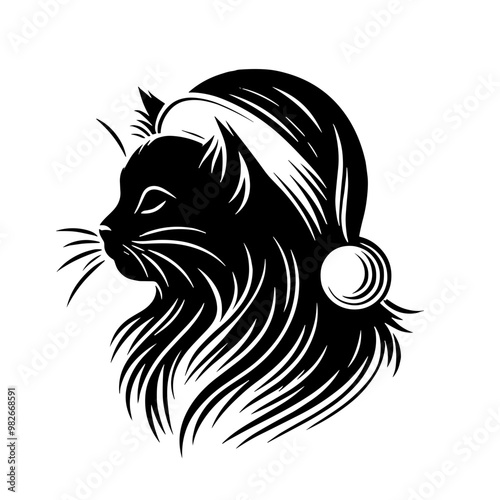 Wallpaper Mural New Year and Christmas art, a black and white silhouette of cat on a Santa's hat, minimalist stroke, minimalist art style, vector, isolated, transparent background Torontodigital.ca
