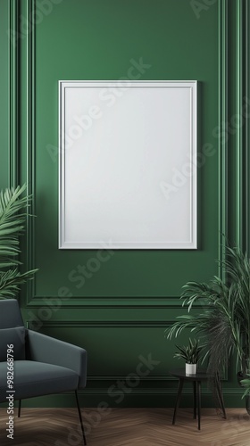 White blank frame mockup and green wall and wooden floor living room story portrait background