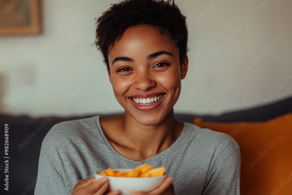 Positive young female with short hair wearing gray t shirt smiling while eating healthy snack on comfortable sofa at home , ai Positive young female with short hair wearing gray t shirt smiling while eating healthy snack on comfortable sofa at home , ai