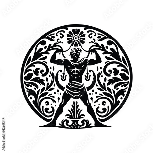 Ares greek god with folk art decoration in black and white illustrations, cutout graphic