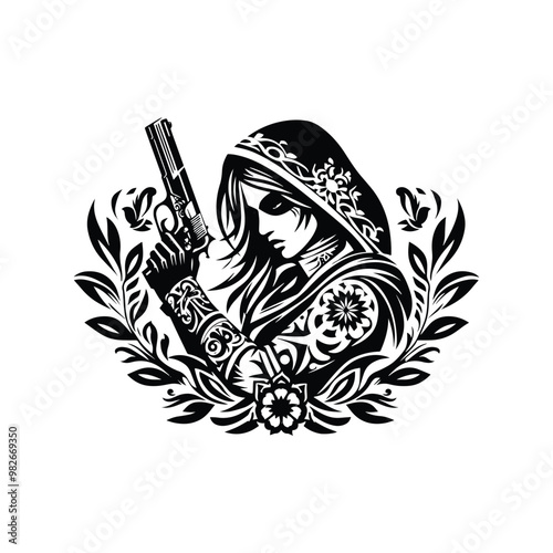 assasin female inside folk art decoration in black and white illustrations, cutout graphic