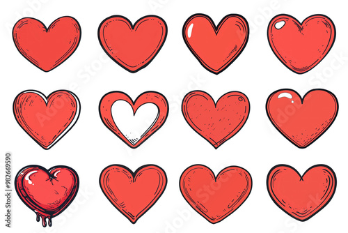 PNG hand drawn red heart element set, transparent background