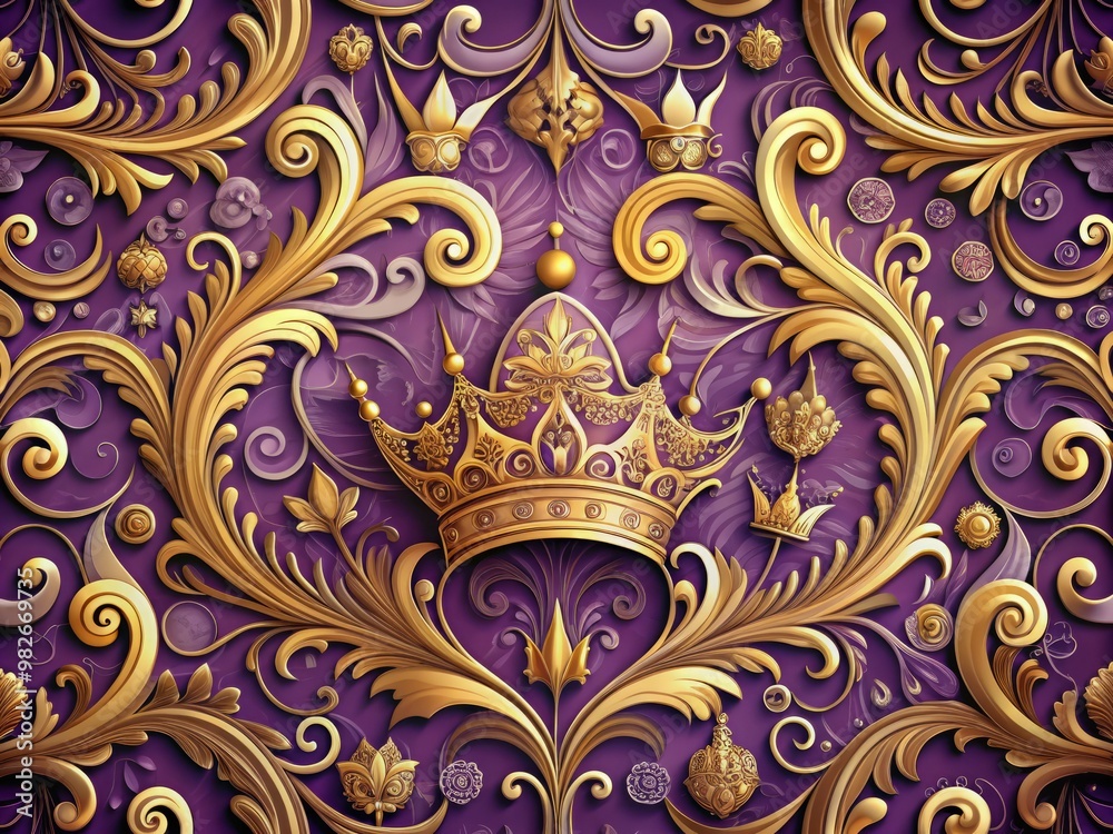 Violet and gold hues swirl together in an intricate dance, with regal crowns and ornate patterns woven throughout the abstract design, evoking the opulence and grandeur of a bygone era
