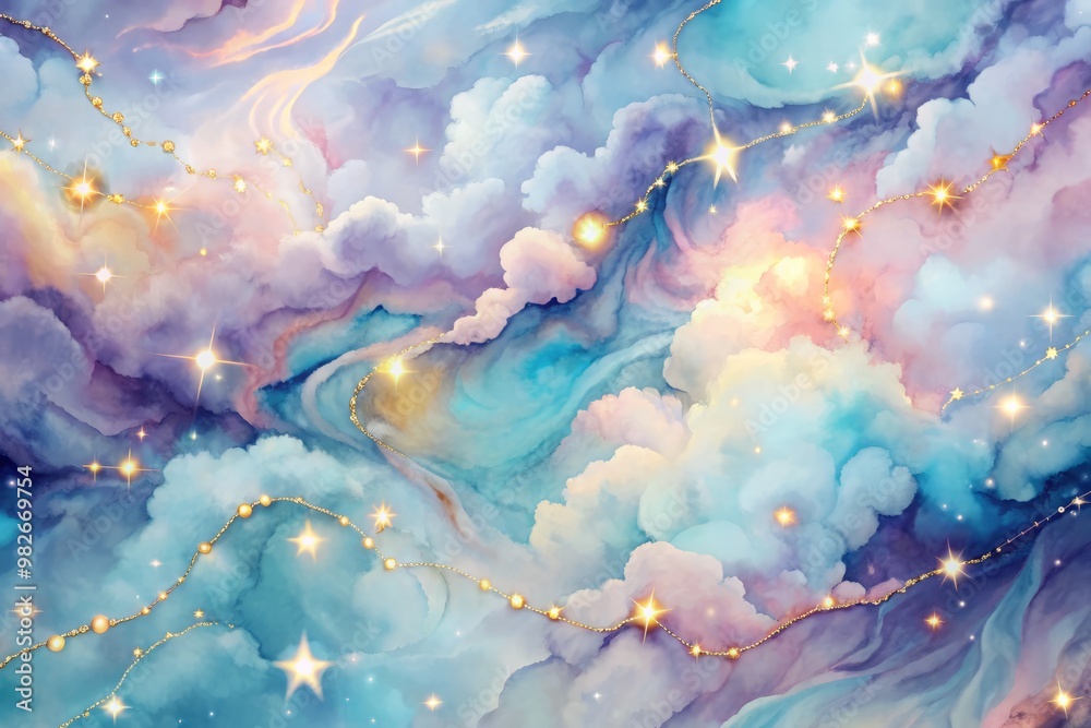 Fototapeta premium Vibrant Pastel Clouds Draped Across a Smooth Marble Canvas with Glittering Starlight Accents