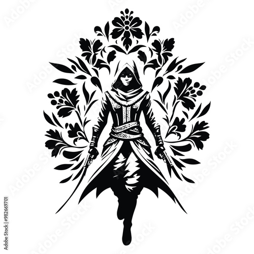 assasin female with folk art decoration in black and white illustrations, cutout graphic