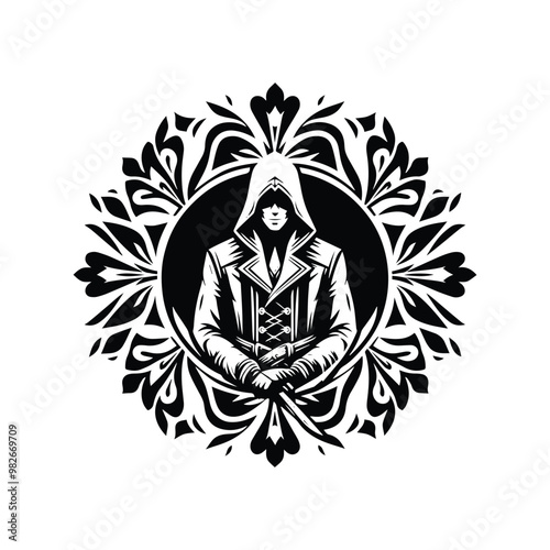 assasin male with folk art decoration in black and white illustrations, cutout graphic