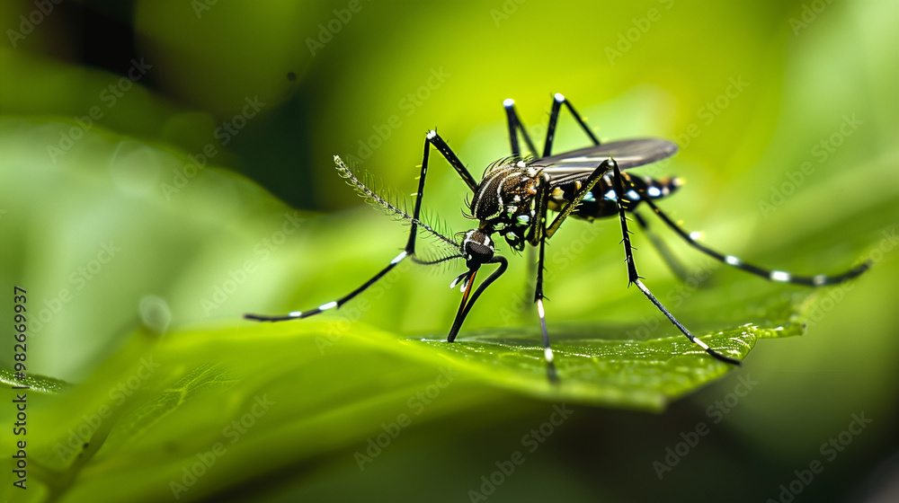 Mosquito resting on leaf in tropical forest, symbolic of dengue fever transmission, detailed focus on insect's importance in health awareness campaign. Mosquito resting on leaf in tropical forest, symbolic of dengue fever transmission, detailed focus on insect's importance in health awareness campaign.