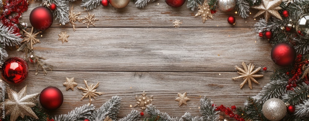 Christmas Ornament Border on Rustic Wood Background Christmas Ornament Border on Rustic Wood Background
