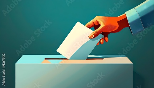 Voter hand putting ballot into voting box for election. Democracy freedom concept. Digital illustration photo