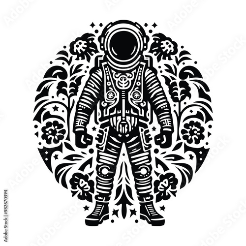 astronaout with folk art decoration in black and white illustrations, cutout graphic