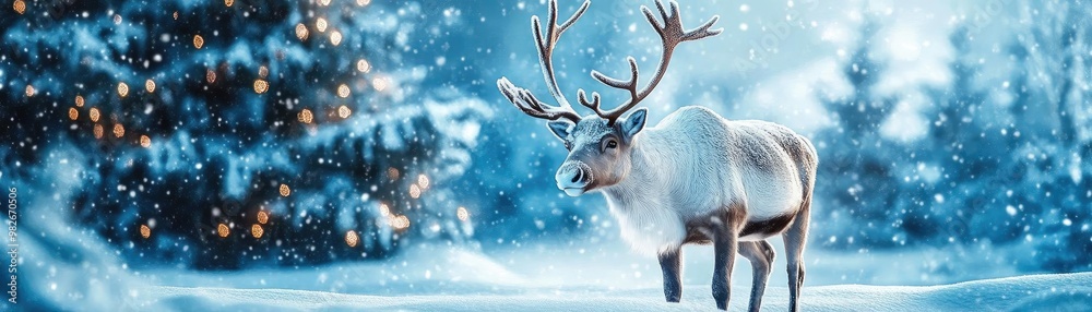 Naklejka premium A majestic reindeer stands gracefully in a snowy landscape, surrounded by winter beauty and twinkling lights of a distant tree.