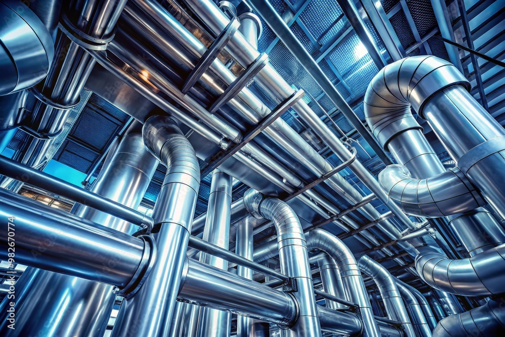 Interconnected metallic pipes and cylinders in a futuristic,high-tech setting, with a predominantly silver and gray color palette, high-contrast lighting, and a sense of dynamism and energy. Interconnected metallic pipes and cylinders in a futuristic,high-tech setting, with a predominantly silver and gray color palette, high-contrast lighting, and a sense of dynamism and energy.