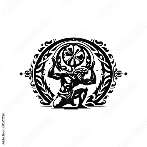 atlas greek god with folk art decoration in black and white illustrations, cutout graphic black and white illustration