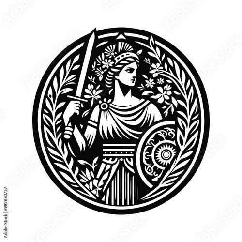Athena goddess with folk art decoration in black and white illustrations, cutout graphic
