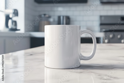 A clean, empty white mug on a marble kitchen countertop, perfect for showcasing branding or beverage photography.