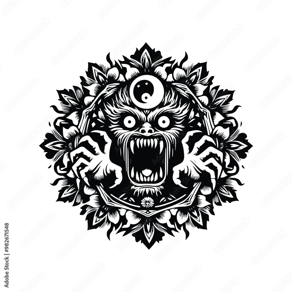 Fototapeta premium ba'al horror with folk art decoration in black and white illustrations, cutout graphic black and white illustration