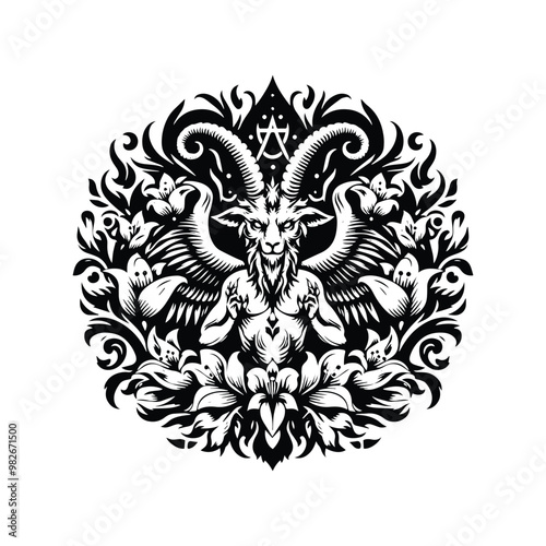 baphomet with folk art decoration in black and white illustrations, cutout graphic