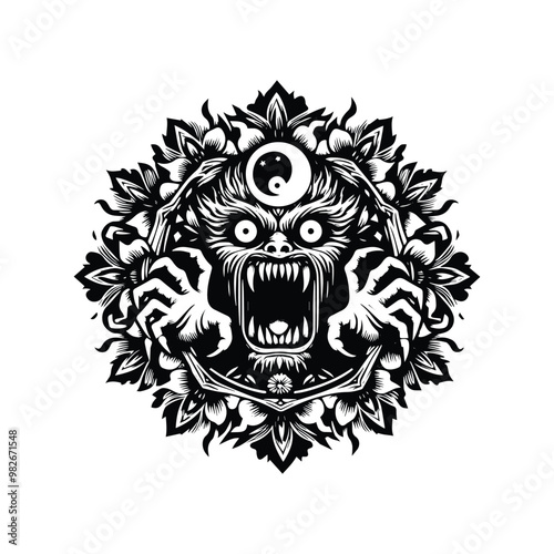 ba'al horror with folk art decoration in black and white illustrations, cutout graphic black and white illustration photo