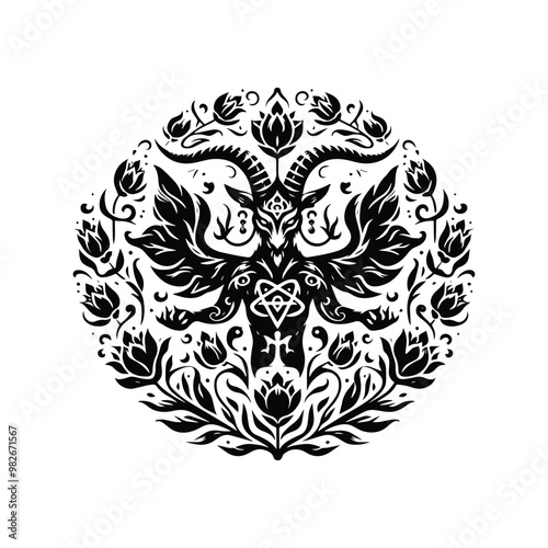 baphomet with folk art decoration in black and white illustrations, cutout graphic