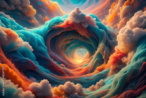 Vibrant, electric hues of coral and turquoise electrify a swirling vortex of cloud-shaped polygons, as if the very fabric of reality has been woven from threads of vibrant, shimmering light. photo