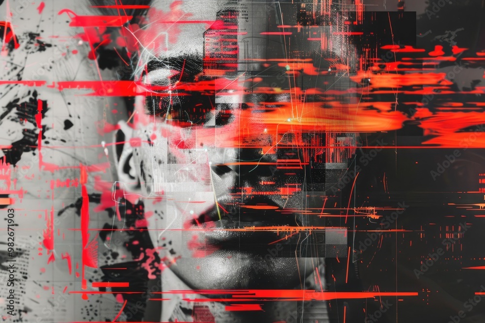 Naklejka premium Close-up view of a person's face with red paint, useful for creative projects and artistic expressions