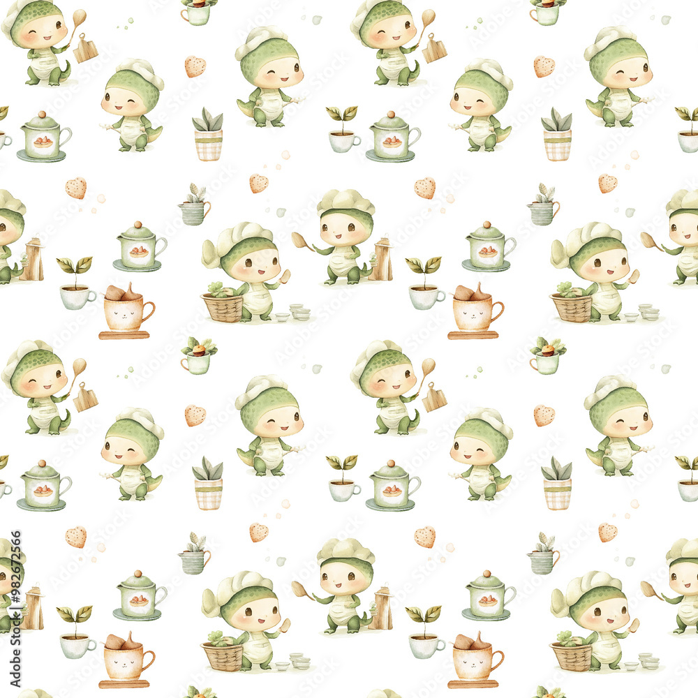 Cute childish pattern with green snakes chefs and kitchen utensils. isolated. illustration Cute childish pattern with green snakes chefs and kitchen utensils. isolated. illustration