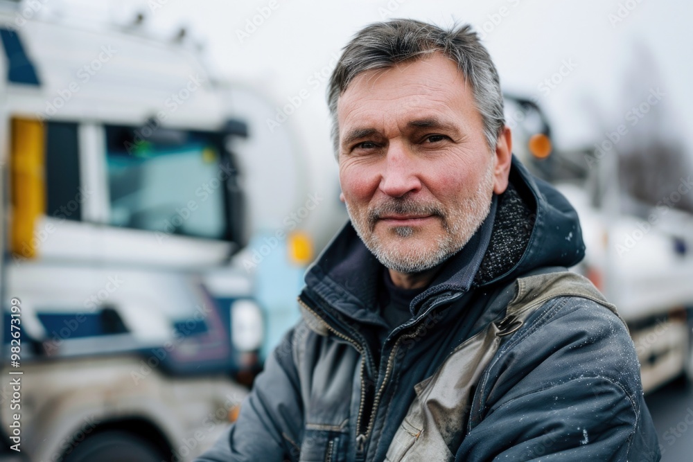 A person standing next to a massive vehicle, ideal for use as a background or prop A person standing next to a massive vehicle, ideal for use as a background or prop