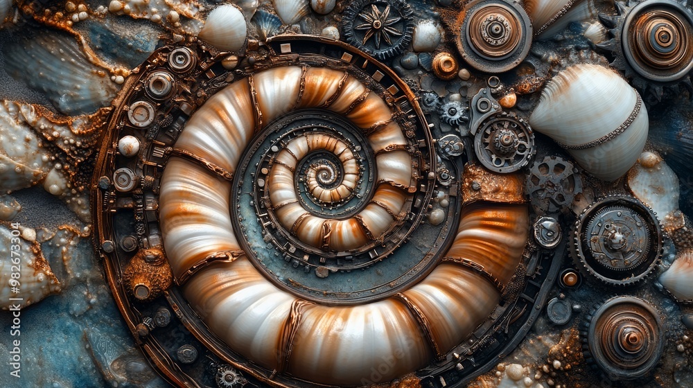 A perfectly aligned spiral of seashells, beach setting, steampunk style, bronze and copper metallic hues, intricate clockwork elements, soft natural lighting A perfectly aligned spiral of seashells, beach setting, steampunk style, bronze and copper metallic hues, intricate clockwork elements, soft natural lighting