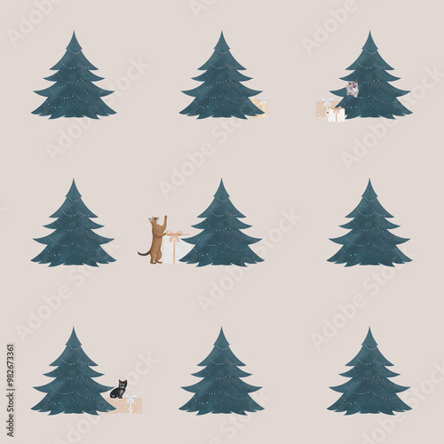 Christmas tree and cat pattern in beige